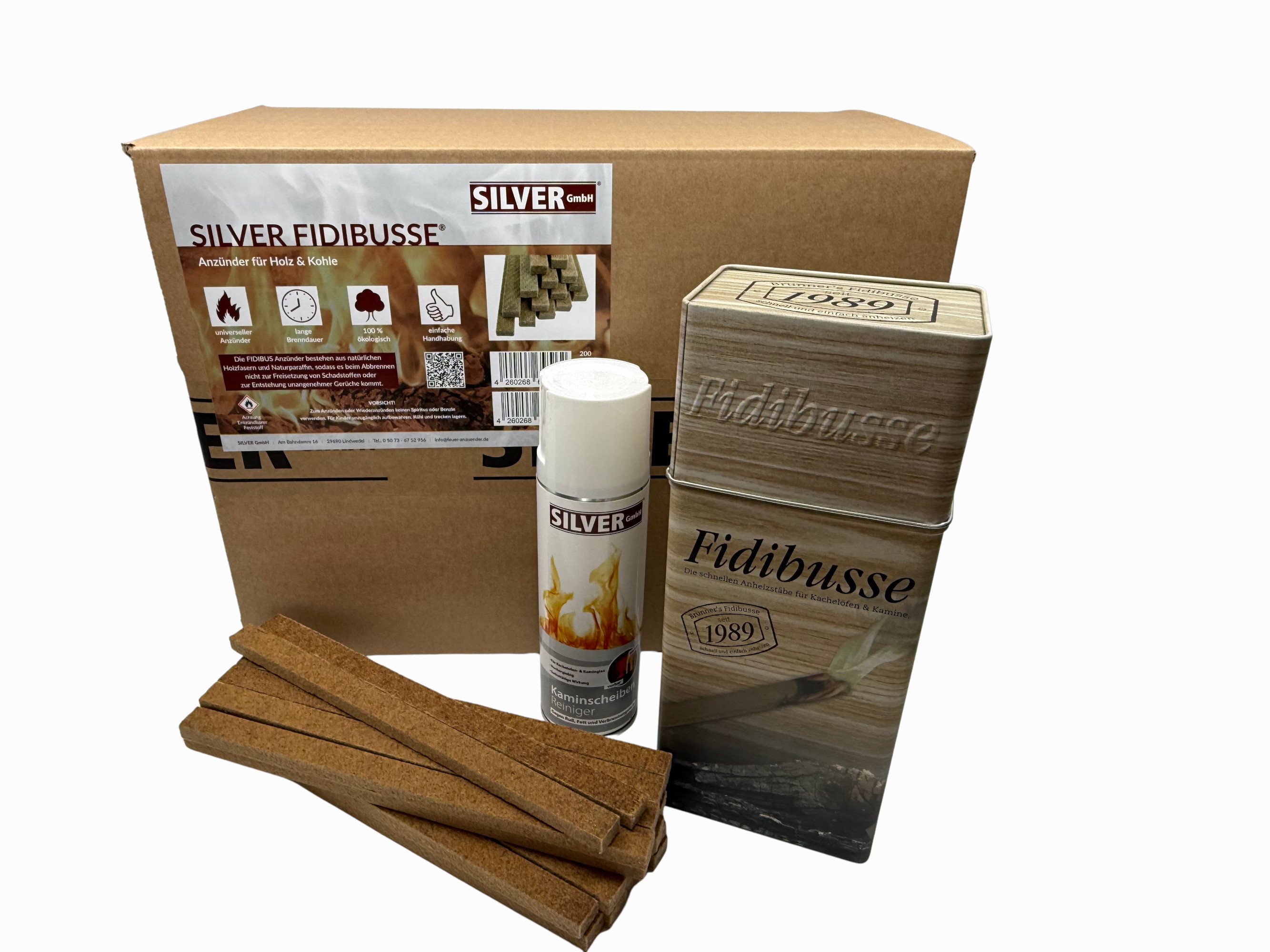 1x SILVER Fidibusse Großpackung 400 Stück + 1x Blechdose 50 Anzündern + 1x 300ml Kaminscheiben Reiniger von SILVER GmbH