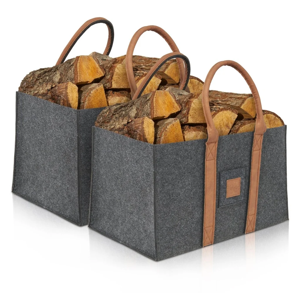 OAKAGE Holzkorb Filzshopper 2er Set Dunkelgrau aus recyceltem Filz 33 x 50 x 30 cm von OAKAGE