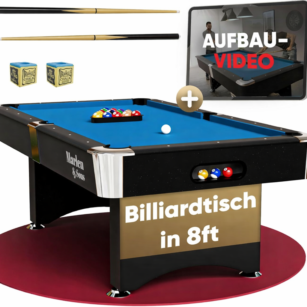 Marlen & Sons Billardtisch - CueMaster 8FT Billiard Tisch mit Auto Kugelrückführung - Billiardtisch 244 x 132 cm inkl. Zubehör-Komplettset