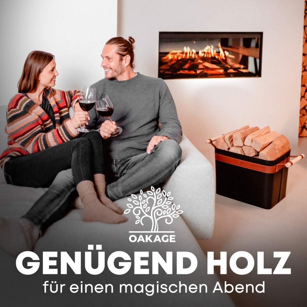 OAKAGE LuxeLeather Holzkorb Schwarz aus veganem Leder mit Buchenholzgriffen, Kaminholzkorb in Wohnzimmer-Ambiente