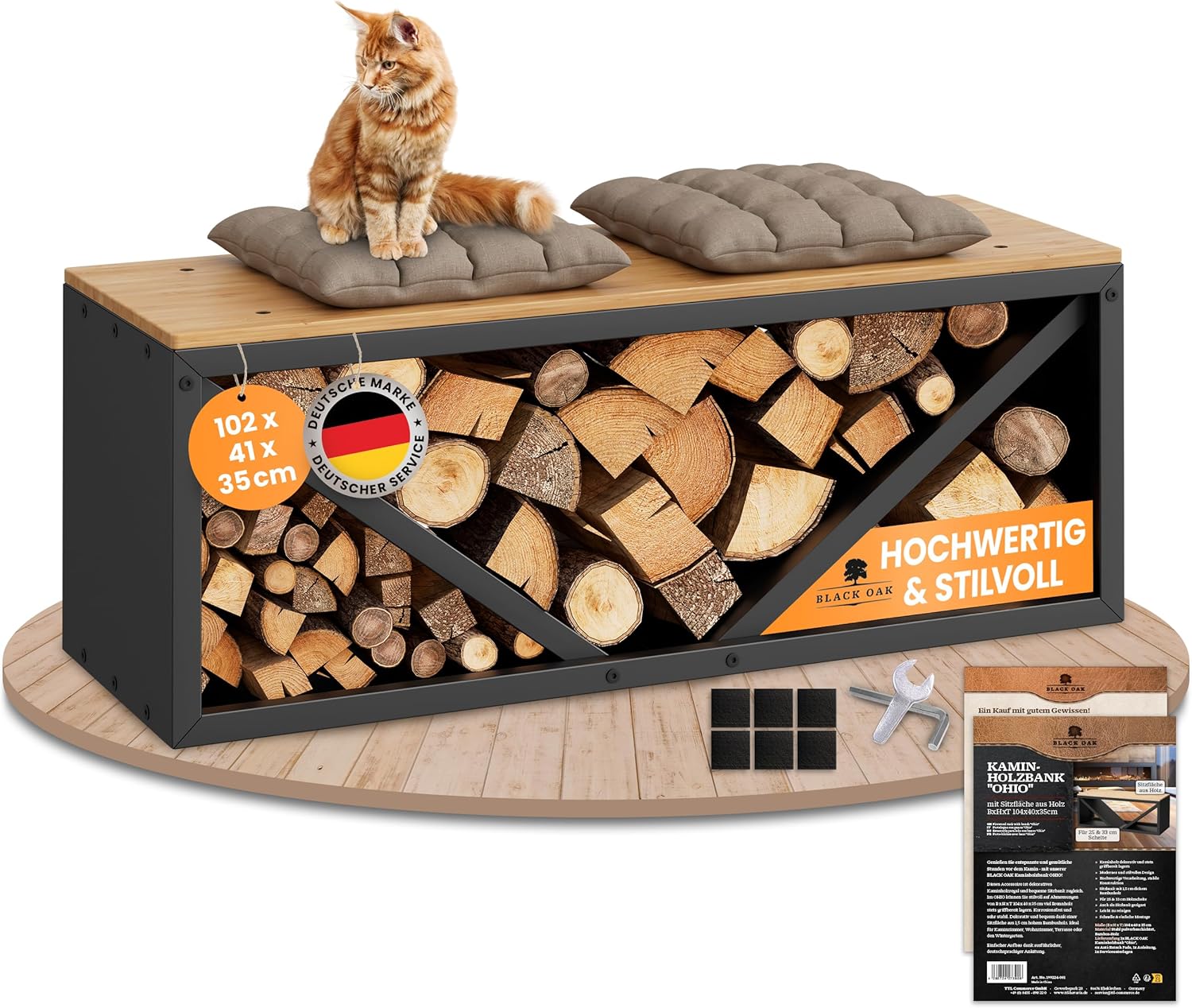 BLACK OAK Kaminholzbank Ohio schwarz matt bis 400kg - 102 × 41 × 35 cm