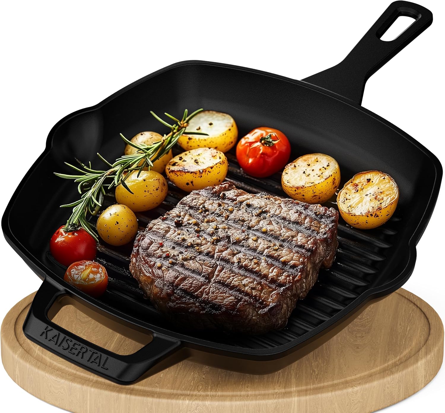 TOPWISH Grillplatte Aus Gusseisen – Doppelseitig, Für Gas & Induktion, 46 X 25,4 Cm, Antihaft, Mit