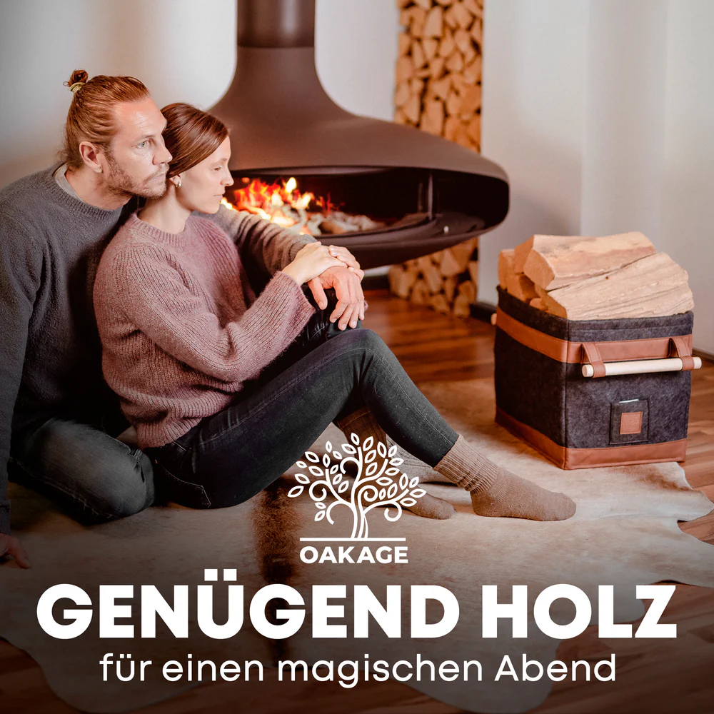 OAKAGE FireMaster Holzkorb Dunkelgrau Filz / Veganes Leder - 42x32x35cm von OAKAGE