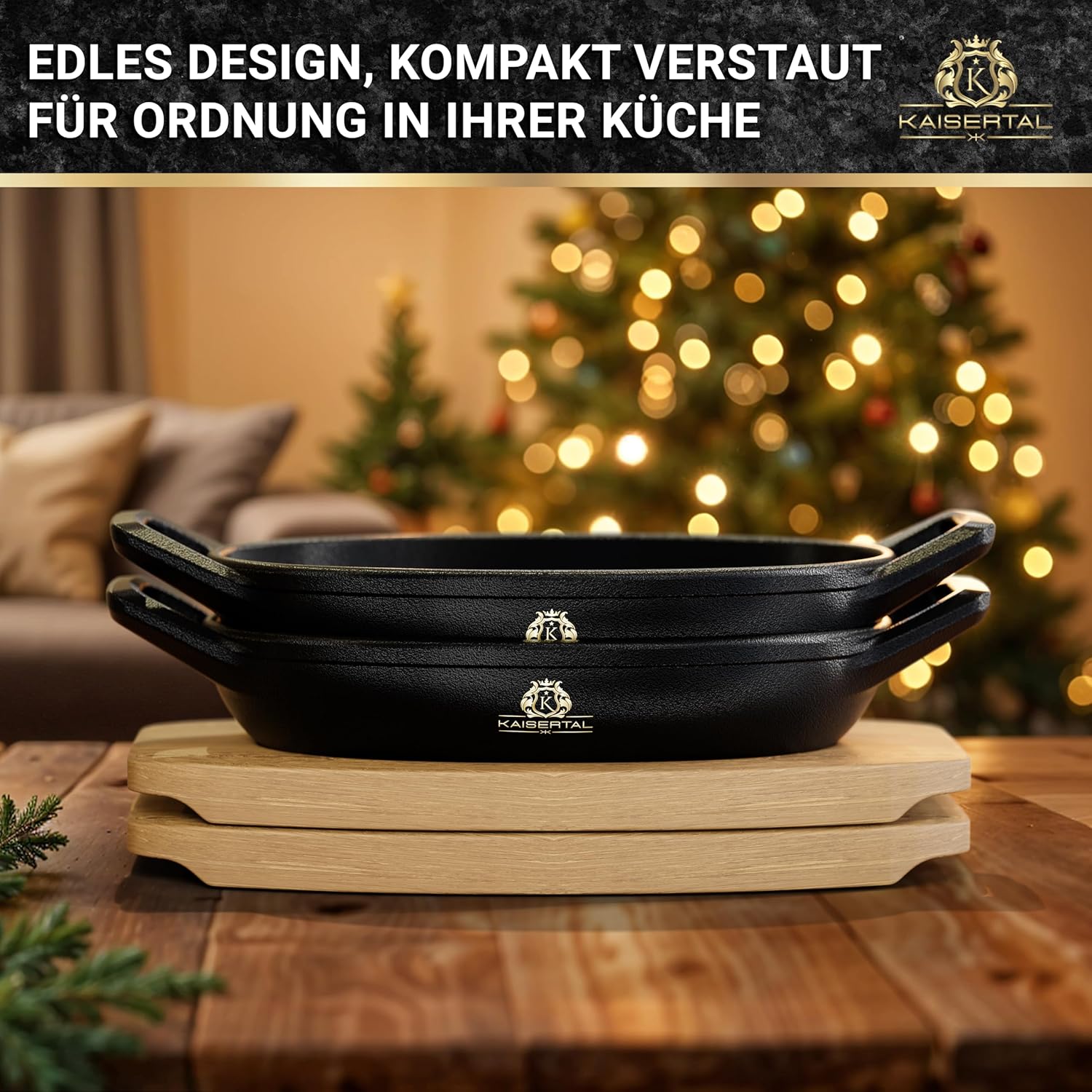 KAISERTAL 2er Set Servierpfanne Gusseisen Oval 15x10 cm - Pfanne mit 2 Griffen & Holzuntersetzer von KAISERTAL
