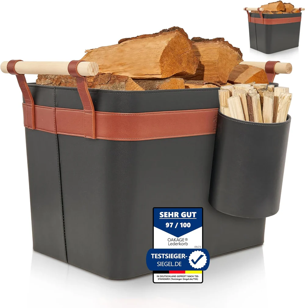 OAKAGE LuxeLeather Holzkorb Veganes Leder - mit ausreißsicheren Holzgriffen - 50x40x35cm von OAKAGE