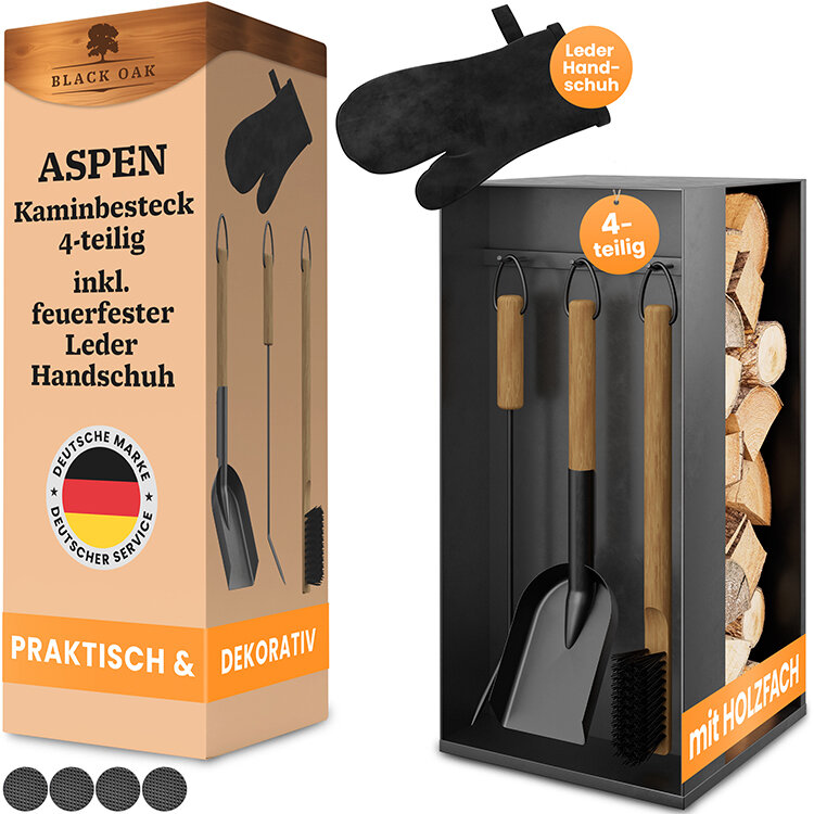 BLACK OAK Kaminbesteck Aspen 4-teilig schwarz mit Holzgriffen inkl. Lederhandschuh von BLACK OAK