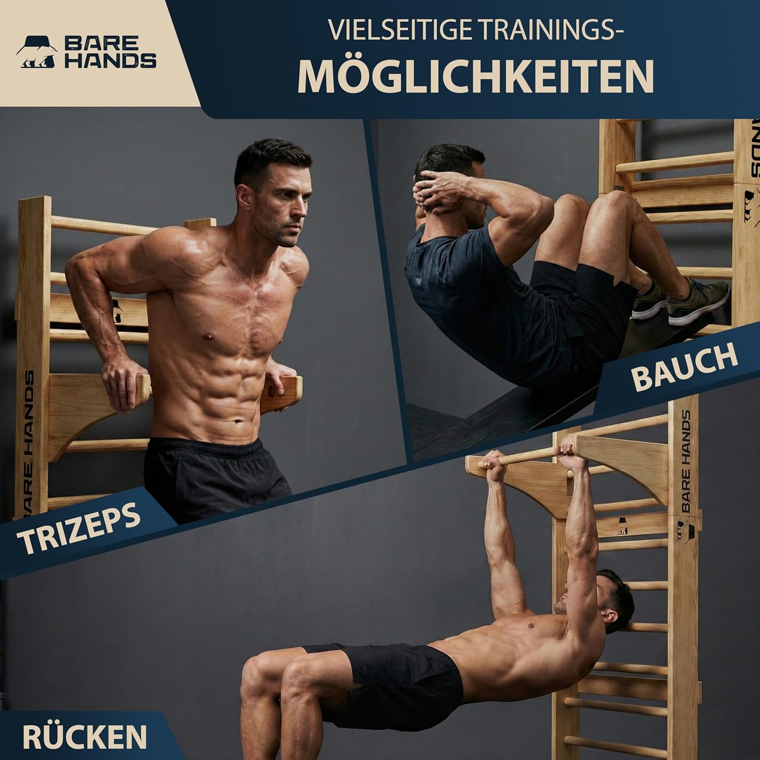Multifunktionale 3in1 Sprossenwand mit Klimmzugstange für dein Home Gym bis 200 kg von Bare Hands