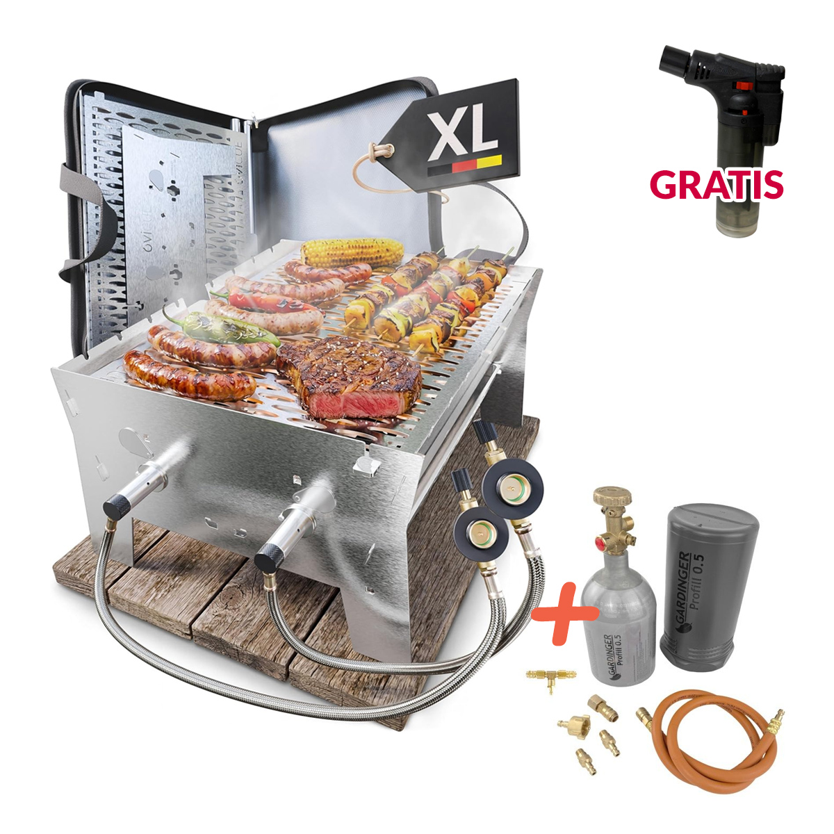 OVICUE Grill XL mit Profil 0.5 Aluminium Propanflasche | Mobiler Gas und Holzkohlegrill 330 × 410 × 205 mm von Ovibell