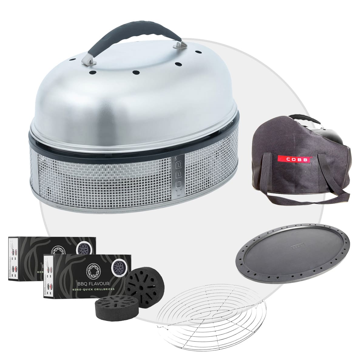 COBB Supreme Deluxe 2.0 Facelift Holzkohlegrill Komplett-Set - inkl. Pfanne + Bratenrost + Griddle+ + 2x BBQ Flavour Quick Briketts + Tasche