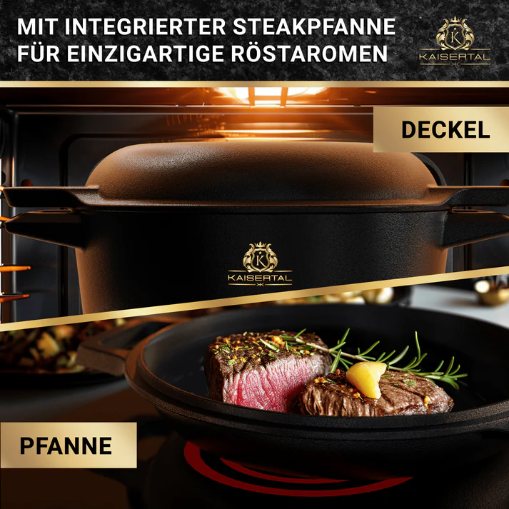 KAISERTAL Gusseisen Topf - 2-in-1 Schmortopf 26 cm mit Deckel 6,4 Liter - Eingebrannt von KAISERTAL