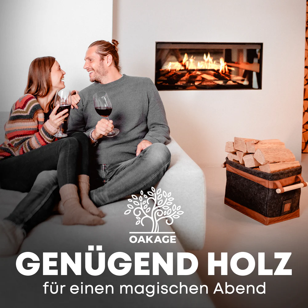 OAKAGE FireMaster Holzkorb Dunkelgrau Filz / Veganes Leder - 42x32x35cm von OAKAGE