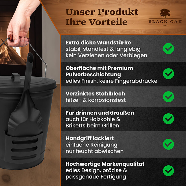 BLACK OAK Stromboli Ascheeimer 20 Liter mit Deckel und Schaufel