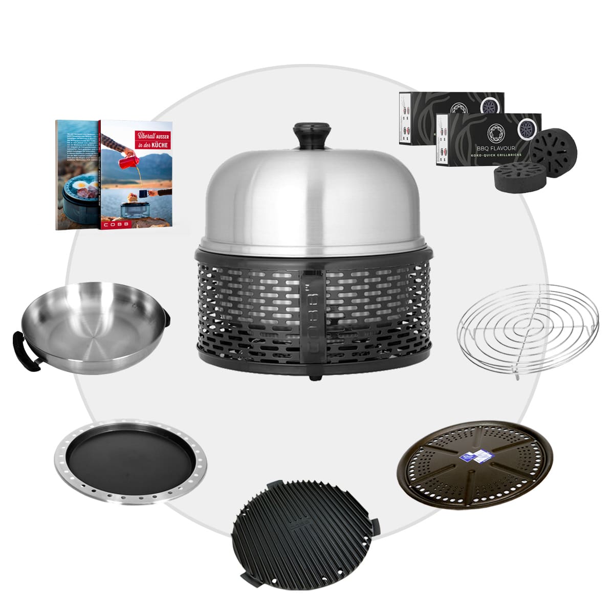 COBB PRO BLACK Holzkohle Grill inkl. Grillplatte ~ 8-teilig inkl. BBQ Flavour Quick Koko Briketts | SET 4 von Cobb