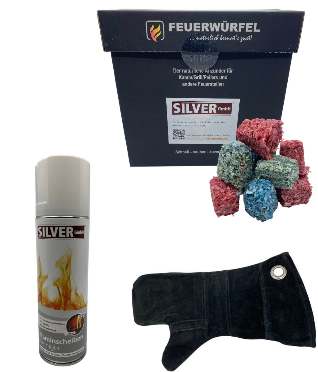 1kg Feuerwürfel + 1x 300ml Kaminscheiben Reiniger + 1x Leder Hitzeschutzhandschuh von Feuer-Anzünder.de