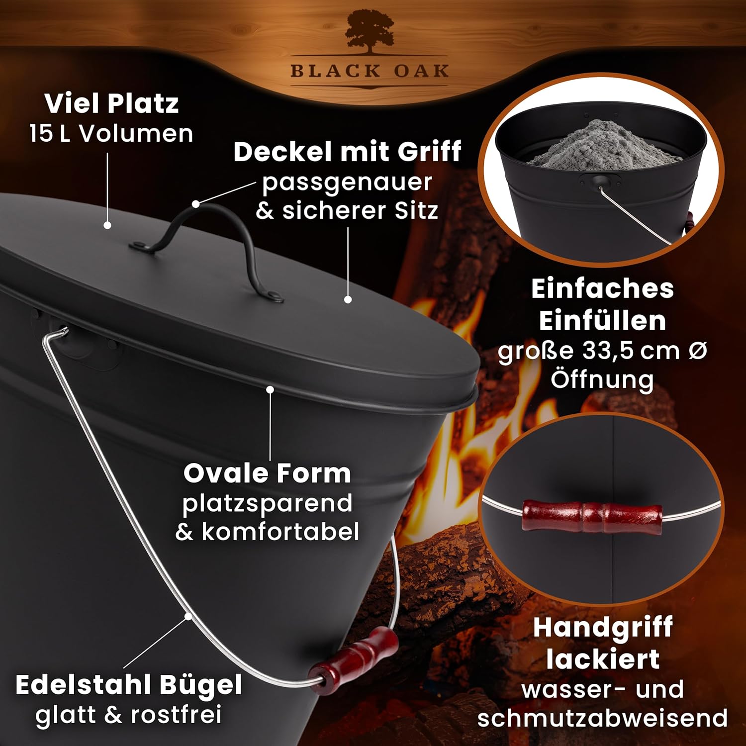 BLACK OAK Asche & Kohle Eimer Vesuvio schwarz 15 Liter von BLACK OAK