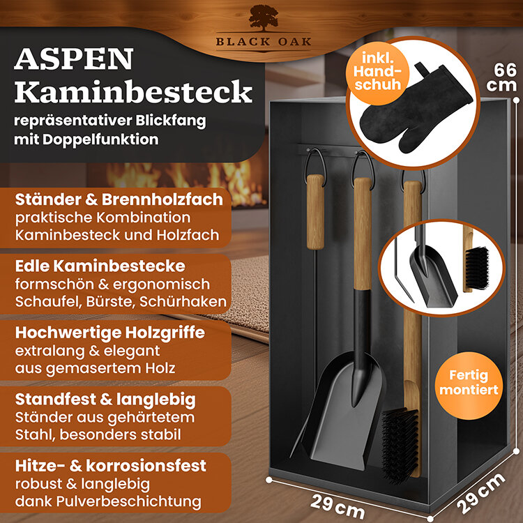 BLACK OAK Kaminbesteck Aspen 4-teilig schwarz mit Holzgriffen inkl. Lederhandschuh von BLACK OAK