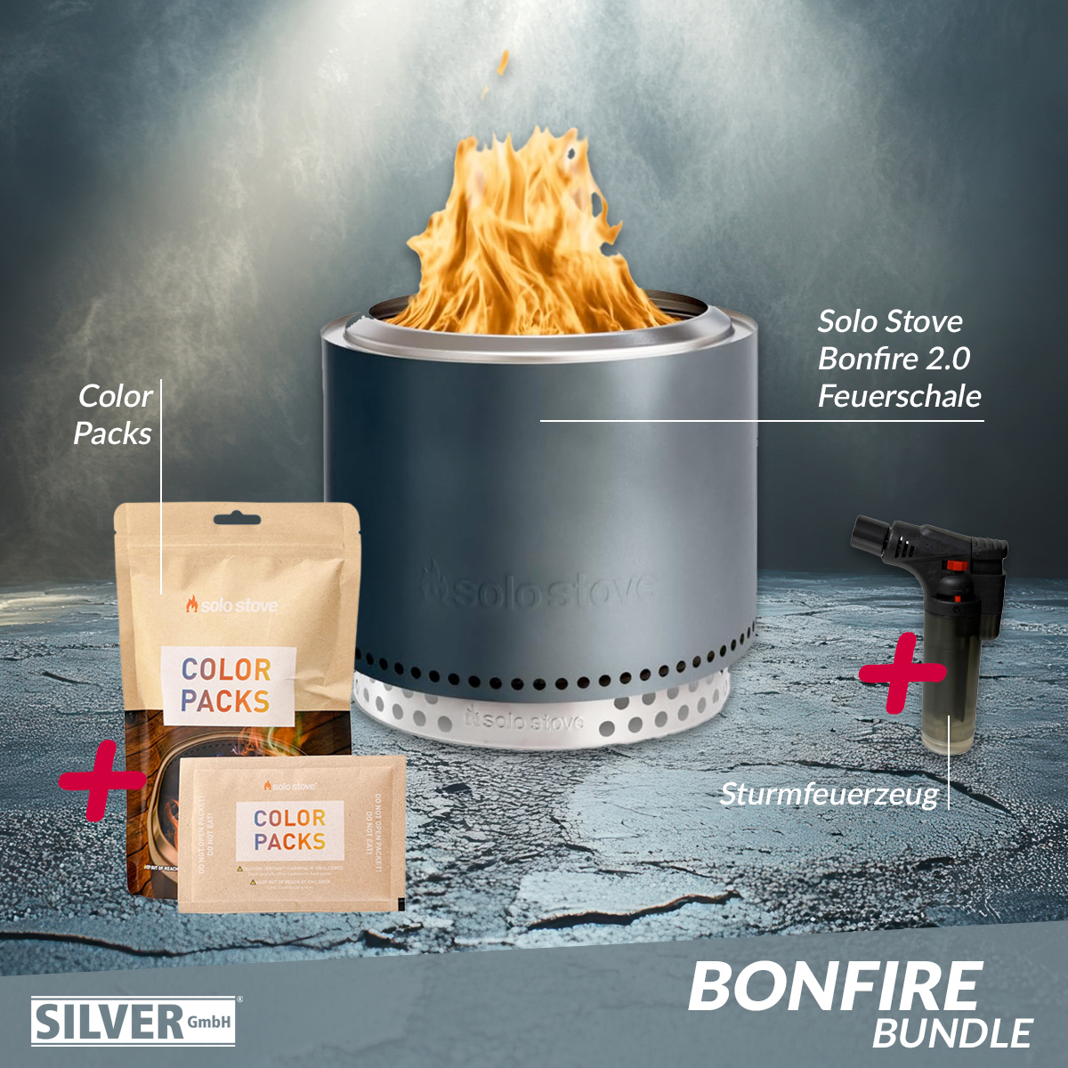 Solo Stove BONFIRE 2.0 Ø 49,5 cm + STAND Gunmetal Metallic + Buntes Feuer + Sturmfeuerzeug von Solo Stove