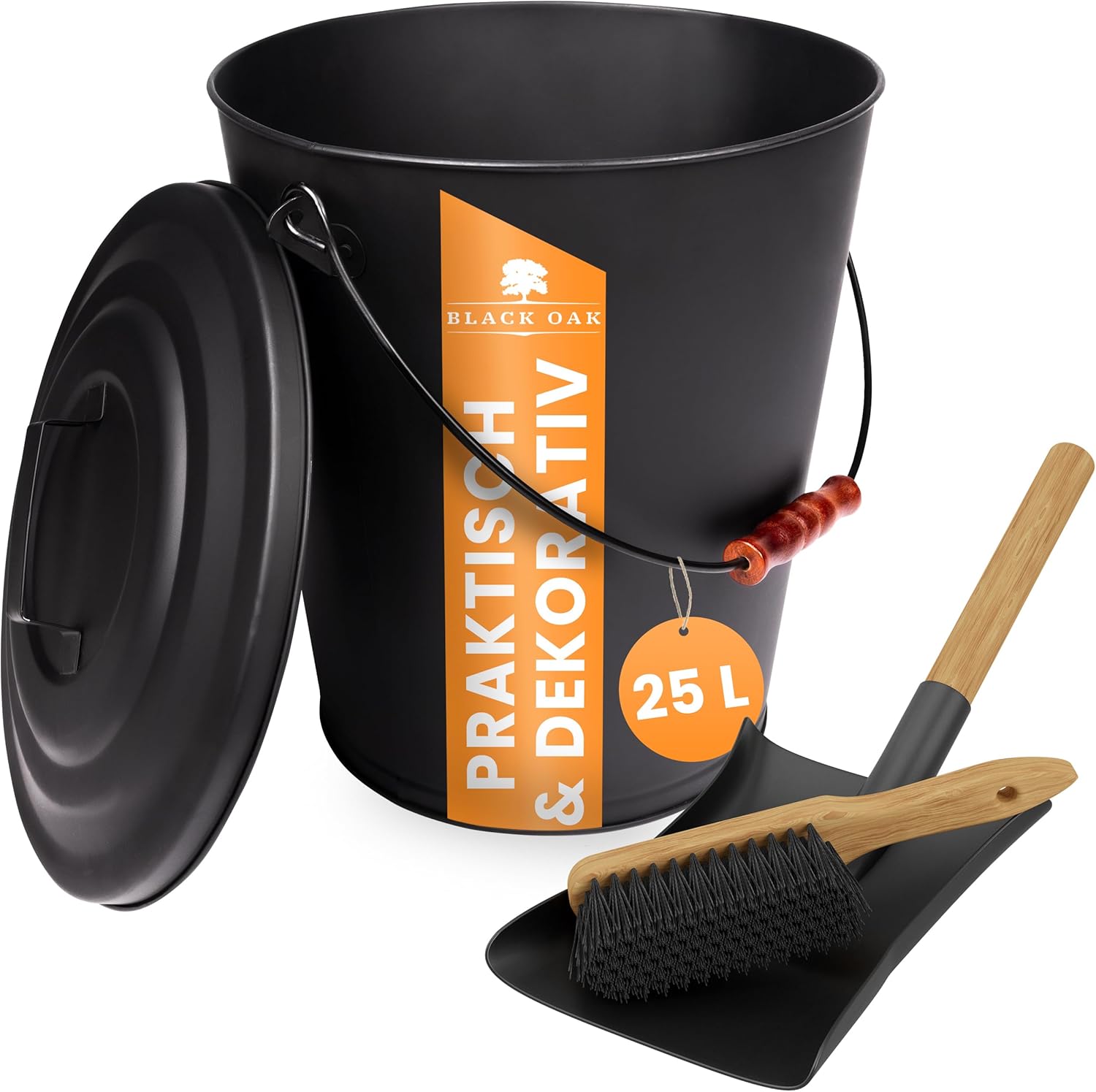 BLACK OAK Asche & Kohle Eimer SANTORINI 25 Liter mit Schaufel & Handfeger