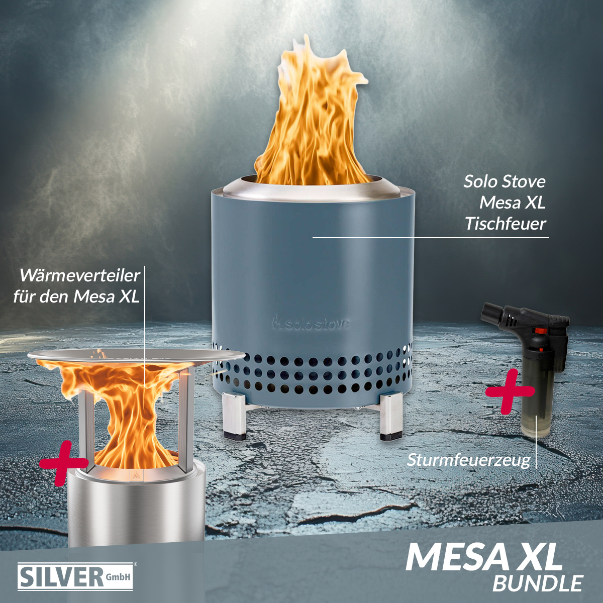 Solo Stove Mesa XL Tischfeuer Ø 17,8cm Tischkamin Outdoor Water & Mesa XL Wärmeverteiler