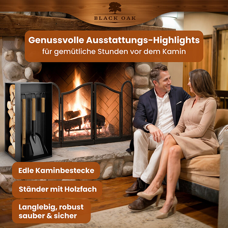 BLACK OAK Kaminbesteck Aspen 4-teilig schwarz mit Holzgriffen inkl. Lederhandschuh von BLACK OAK