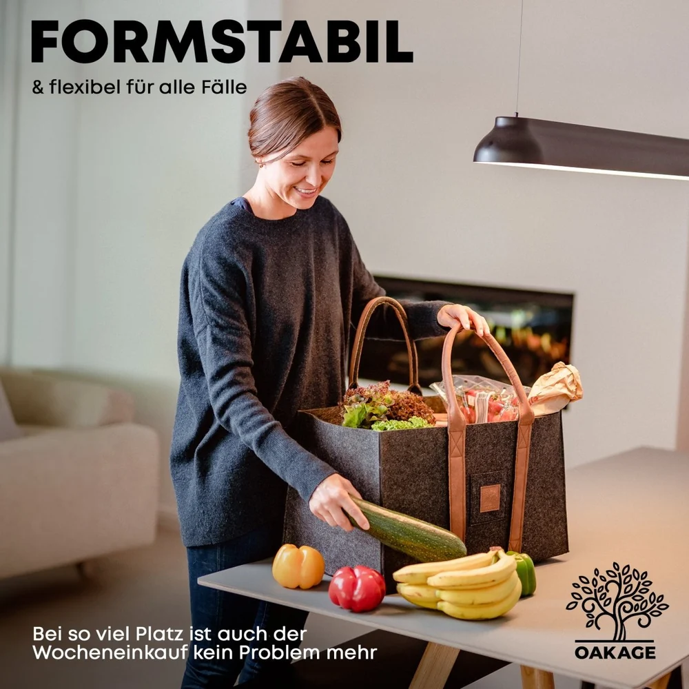 OAKAGE Holzkorb Filzshopper Dunkelgrau aus recyceltem Filz 33 x 50 x 30 cm