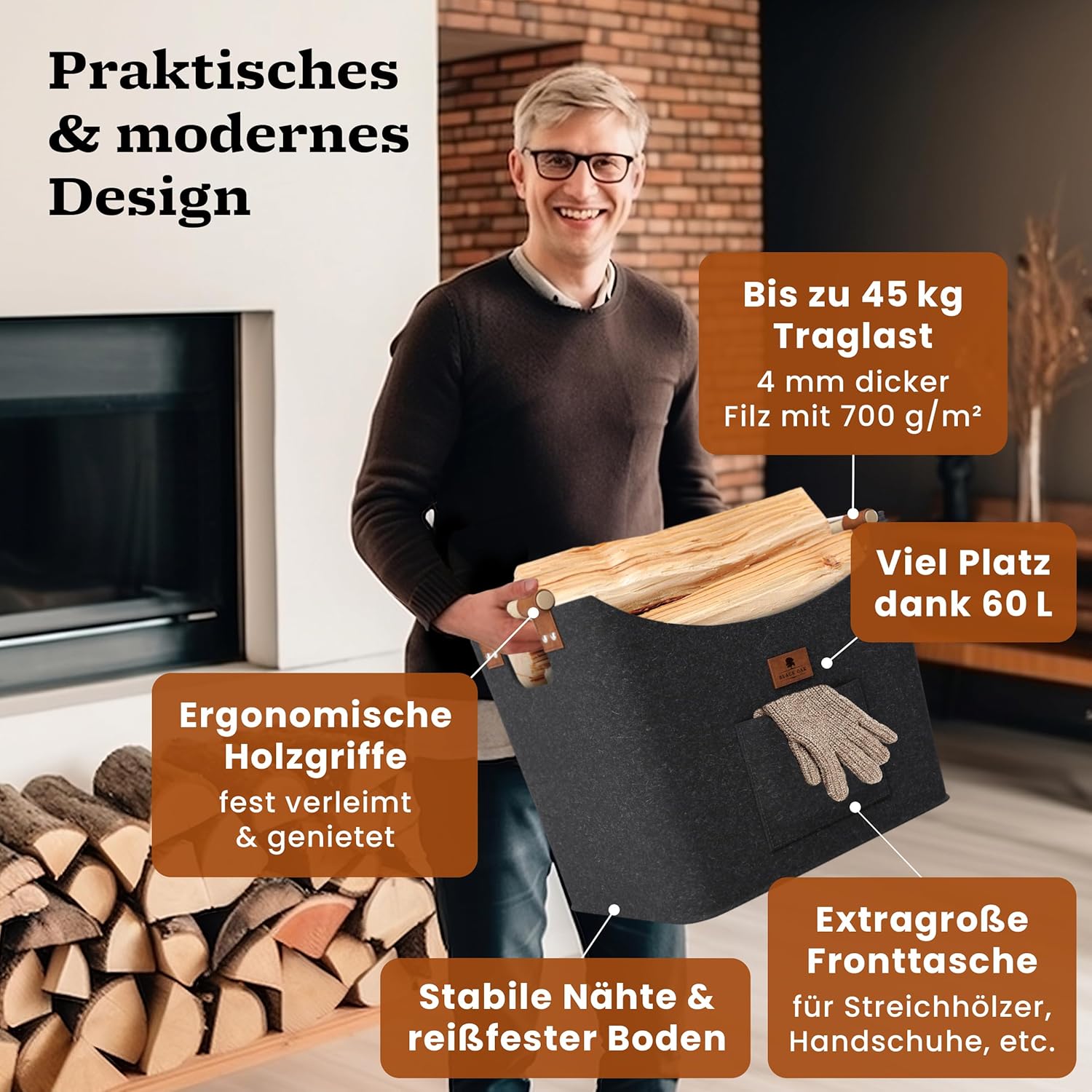 BLACK OAK Montana XL 60L Holzkorb aus Filz dunkelgrau von BLACK OAK
