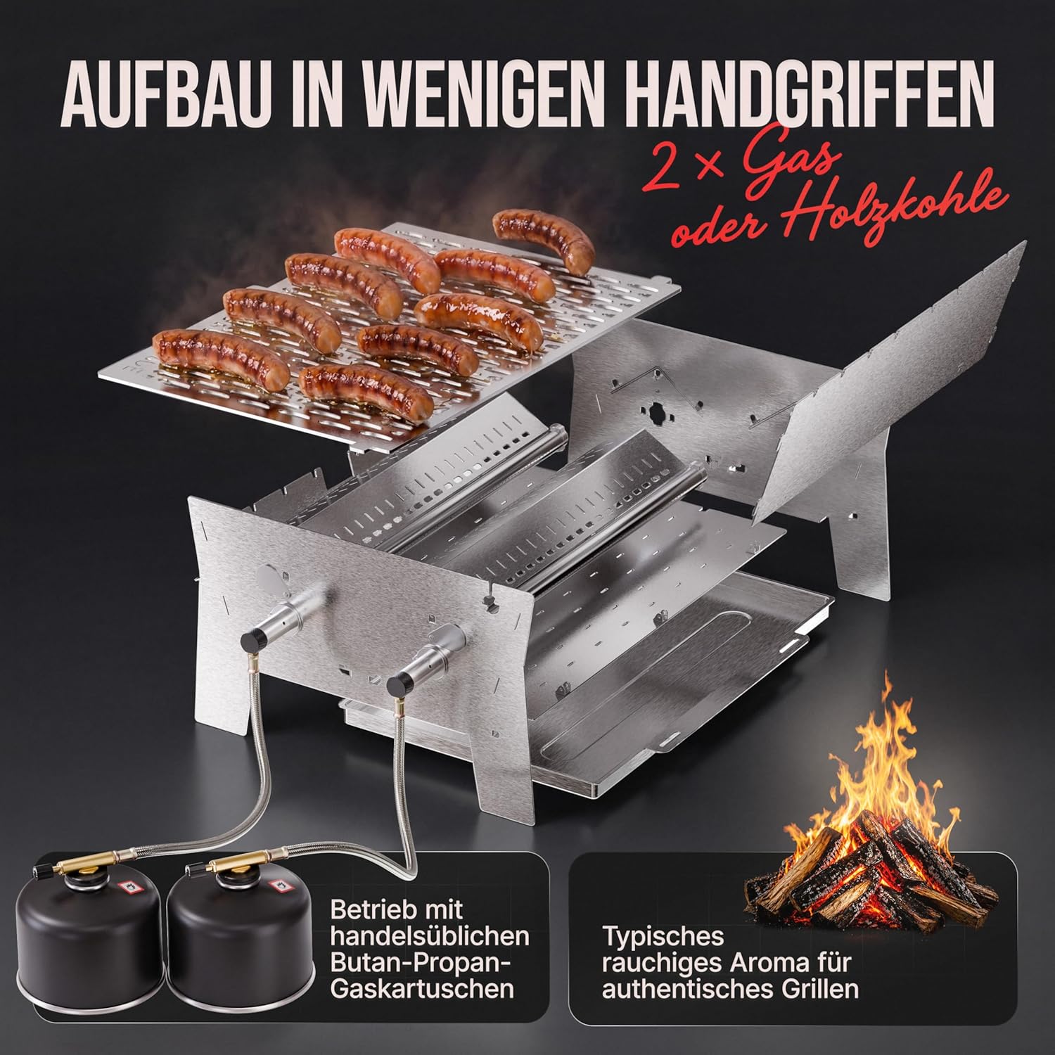 OVICUE Grill XL - Mobiler Gas- und Holzkohlegrill aus Edelstahl 330 × 410 × 205 mm von Ovibell