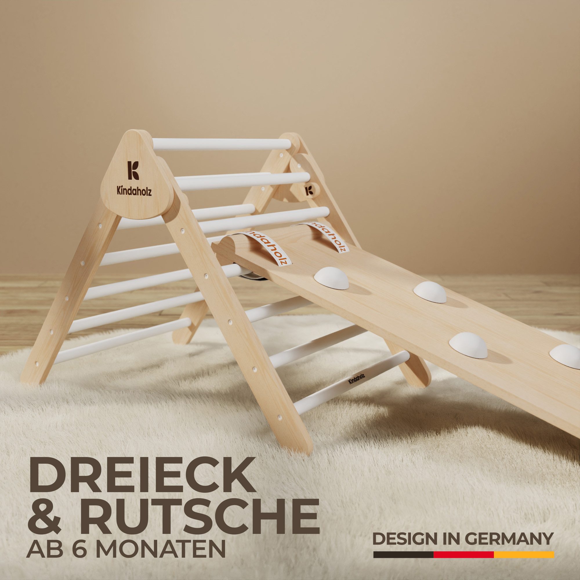Kindaholz SAMI Kletterdreieck mit NOAH Rutschrampe Weiß Indoor Kletterset aus FSC Holz von Kindaholz