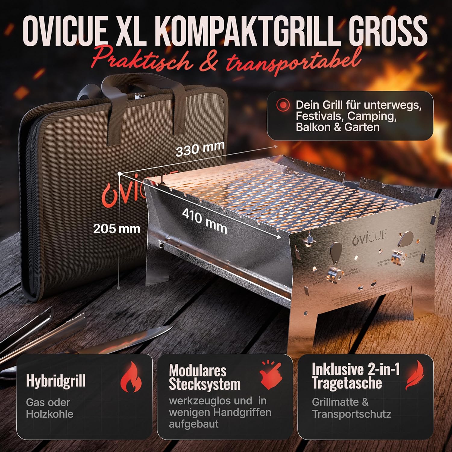 OVICUE Grill XL - Mobiler Gas- und Holzkohlegrill aus Edelstahl 330 × 410 × 205 mm von Ovibell
