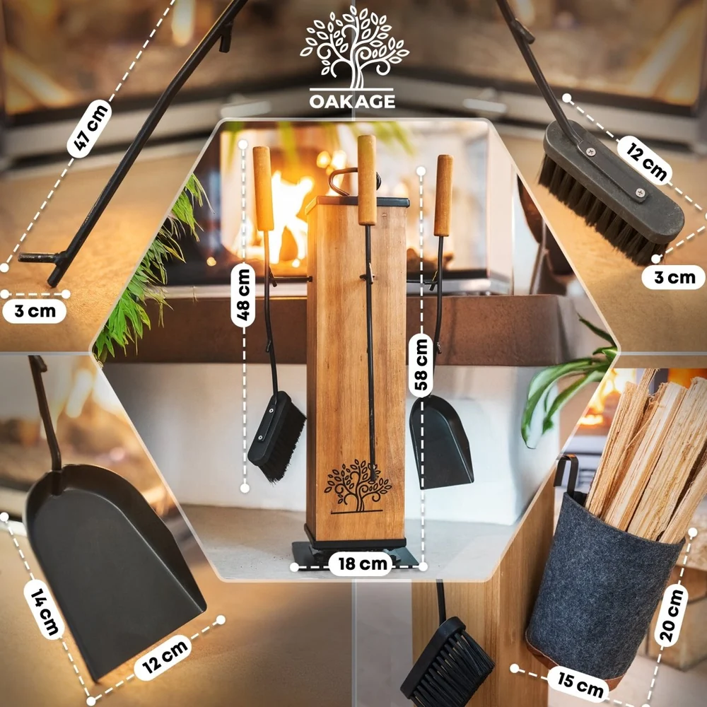 OAKAGE FireMaster Kaminbesteck  5-teilig mit Zündholzkorb Hellgrau und drehbarem Holzkern 20 x 20 x 58 cm