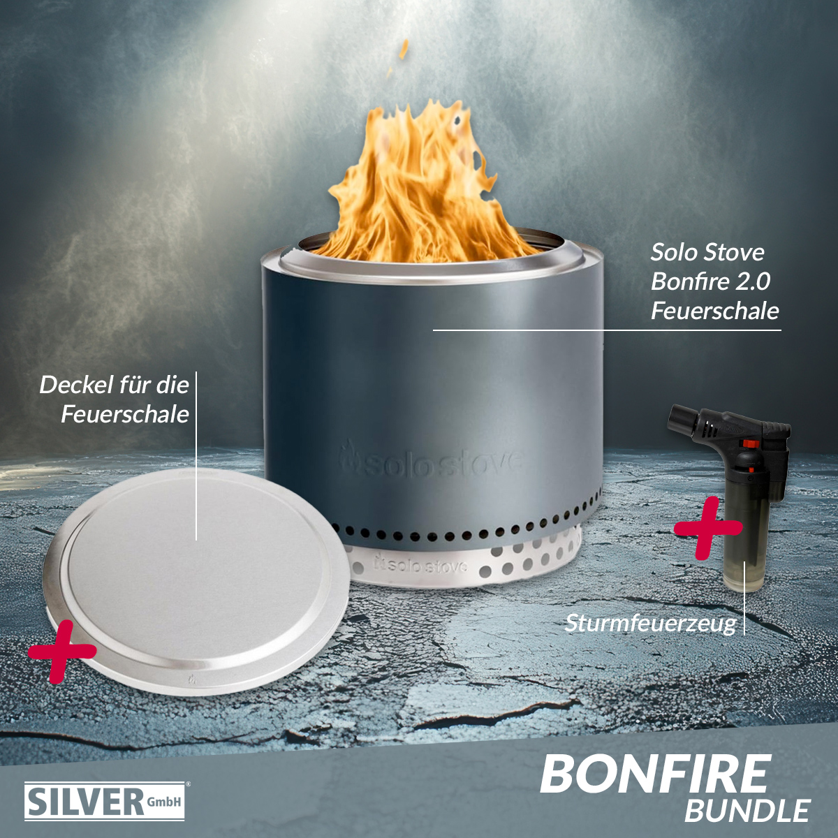 Solo Stove BONFIRE 2.0 + STAND Gunmetal Metallic + Edelstahl Deckel + Sturmfeuerzeug