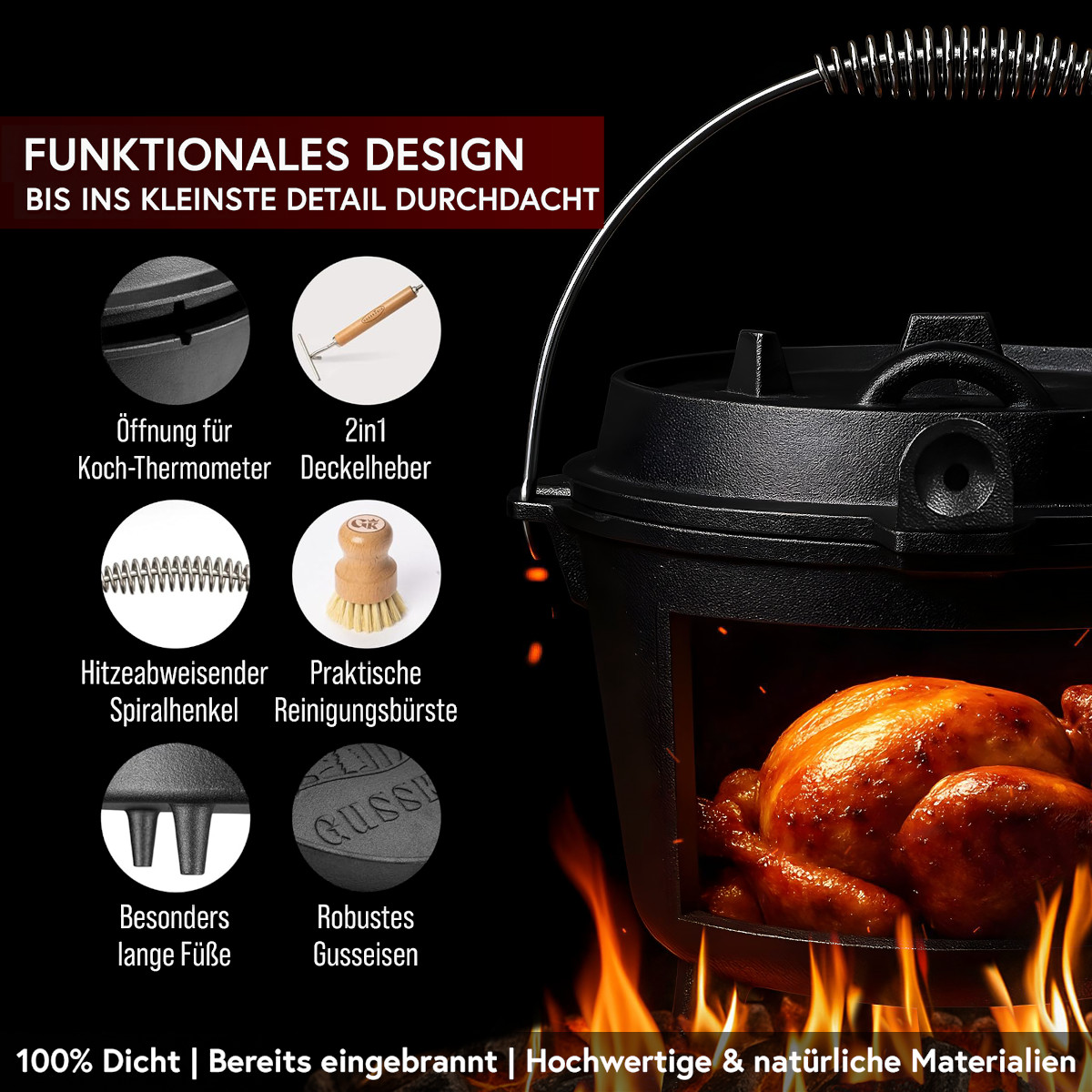 GUSSKÖNIG 7 Liter Dutch Oven Set mit Füße mit 2in1 Deckelheber von GUSSKÖNIG