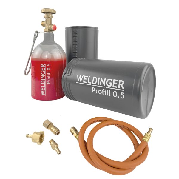WELDINGER befüllbare Aluminium-Propanflasche Profill 0.5 inkl. Umfüllschlauch, Schnellkupplungen und Haken zum Einhängen