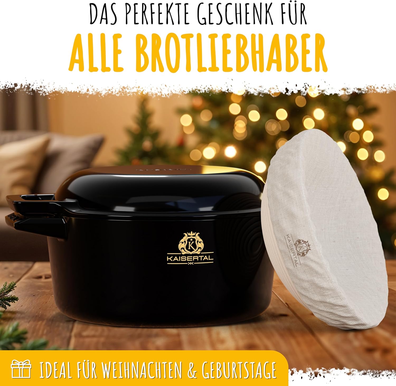 KAISERTAL Emailliert Gusseisen Brotbackform mit Deckel 26cm - inkl. Gärkorb von KAISERTAL