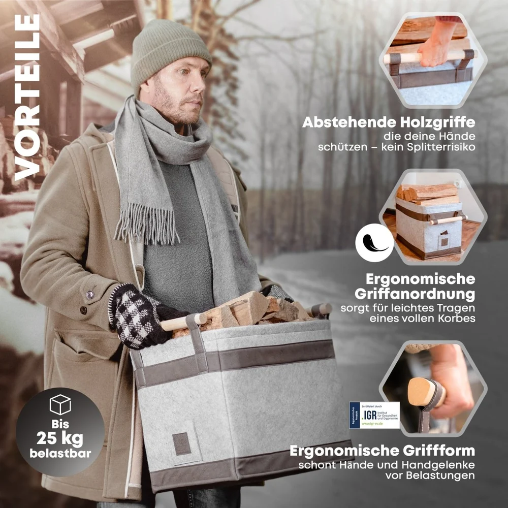 OAKAGE FireMaster Holzkorb Dunkelgrau aus recyceltem Filz mit Buchenholzgriffen - 35x42x35cm von OAKAGE
