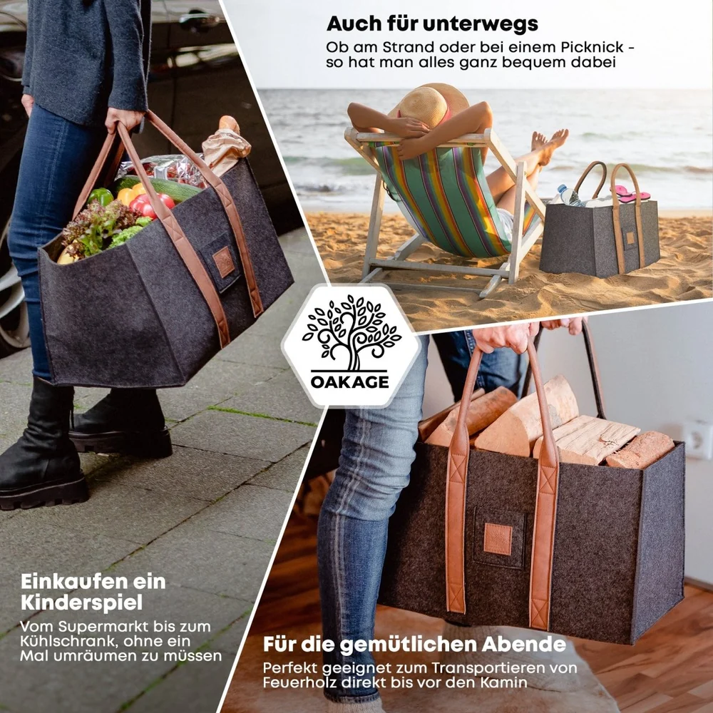 OAKAGE Holzkorb Filzshopper Dunkelgrau aus recyceltem Filz 33 x 50 x 30 cm