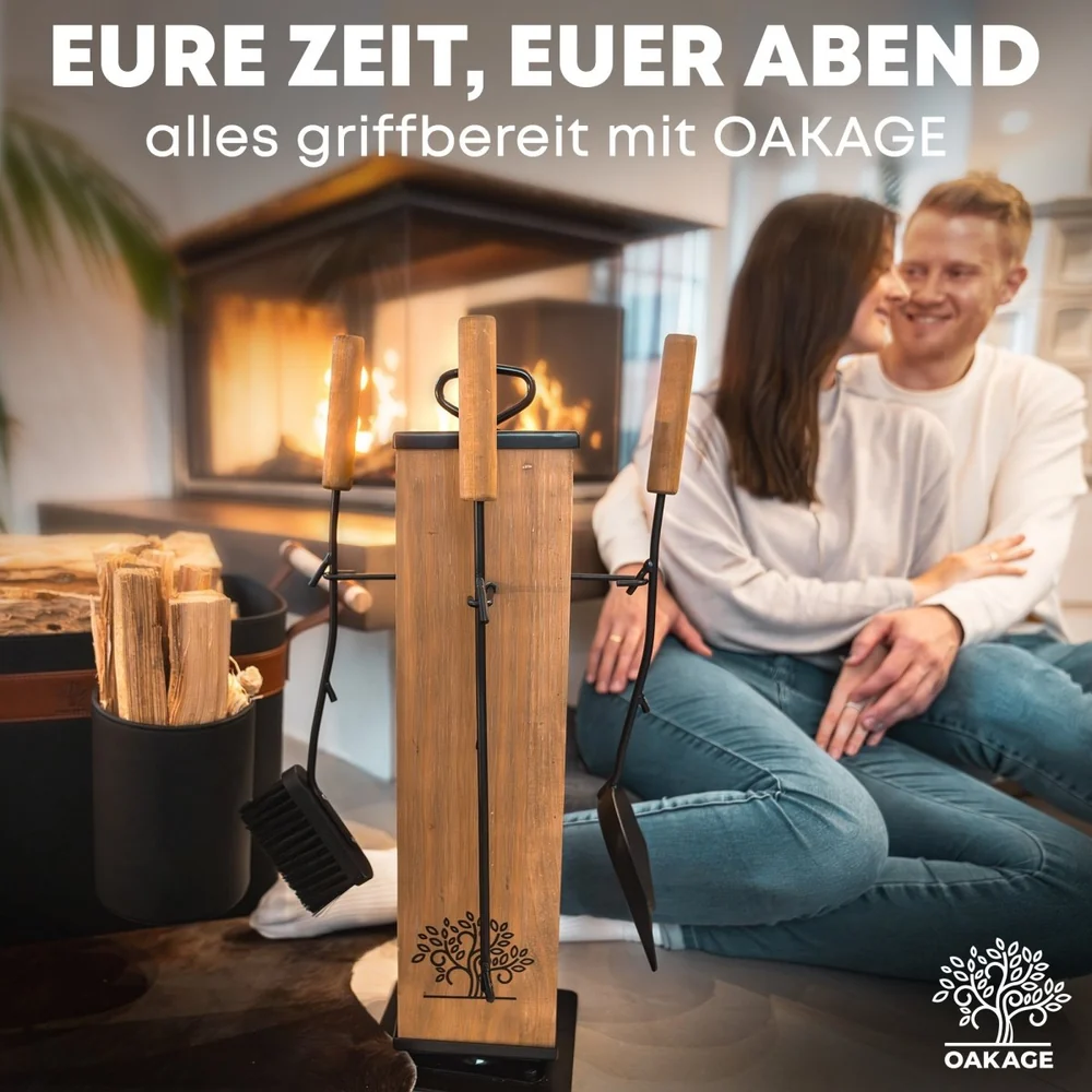 OAKAGE LuxeLeather Kaminbesteck, 5-teilig aus Buchenholz und Stahl mit Zündholzkorb