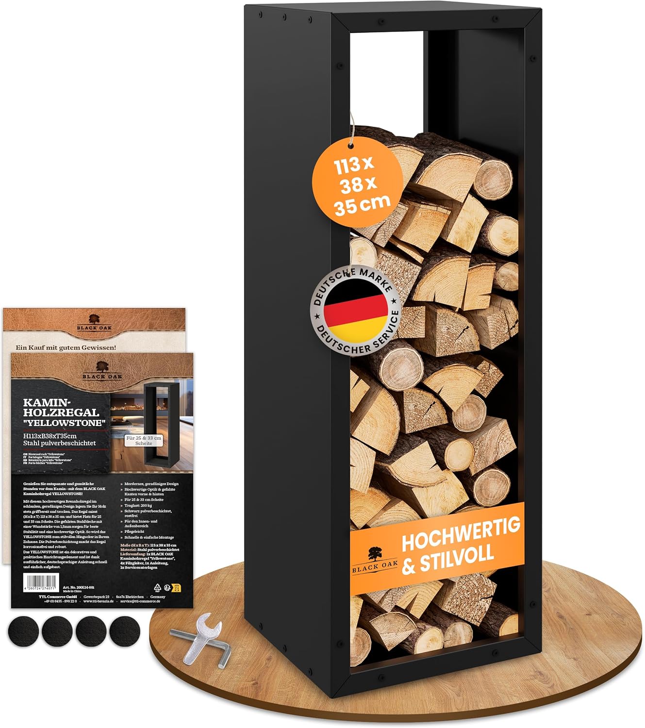 BLACK OAK Kaminholzregal Yellowstone schwarz matt bis 200kg - 113 × 38 × 35 cm