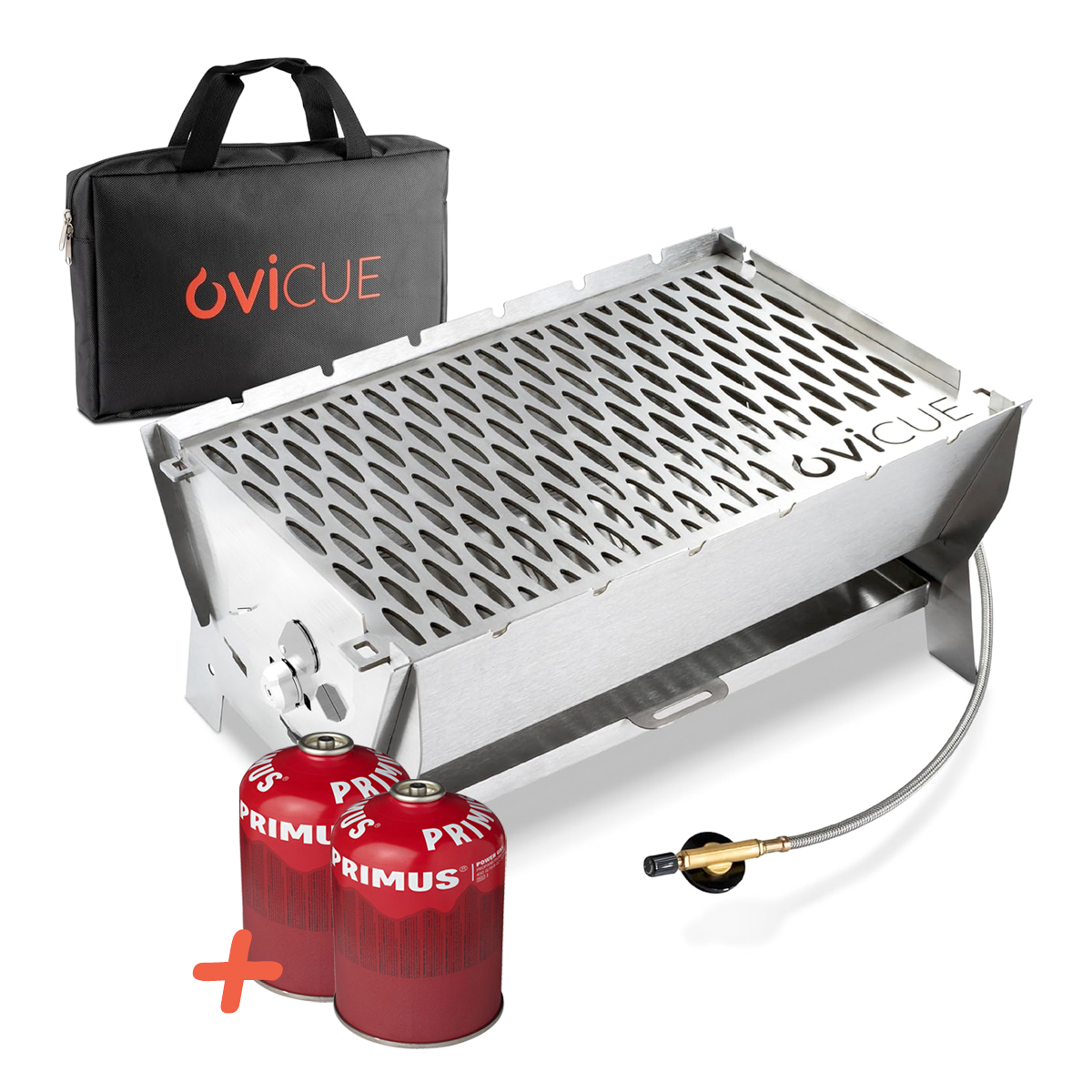 Ovicue L Kompaktgrill Set - Mobiler Gasgrill mit 3,5 kW Leistung und 2 450g PRIMUS Gaskartuschen