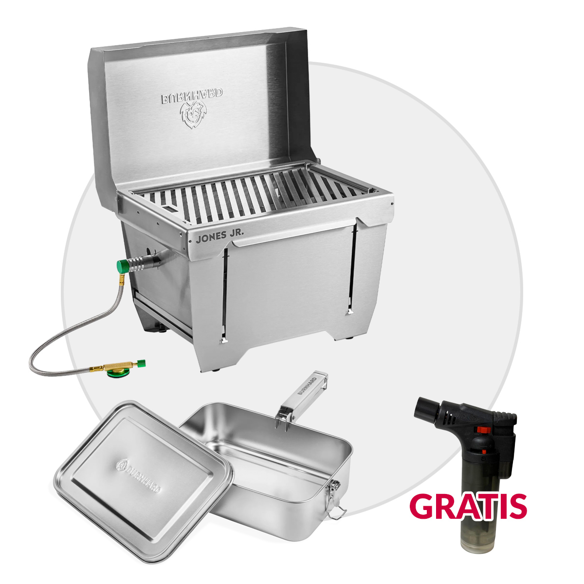 BURNHARD JONES Jr. Campinggrill 1-Brenner Mobiler Gasgrill + BURNHARD Kochgeschirr Set mit 1x 2,4 Liter