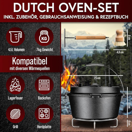 GUSSKÖNIG 4,5 Liter Dutch Oven Set ohne Füße | Eingebrannter Feuertopf | 2in1 Deckelheber | Bürste von GUSSKÖNIG
