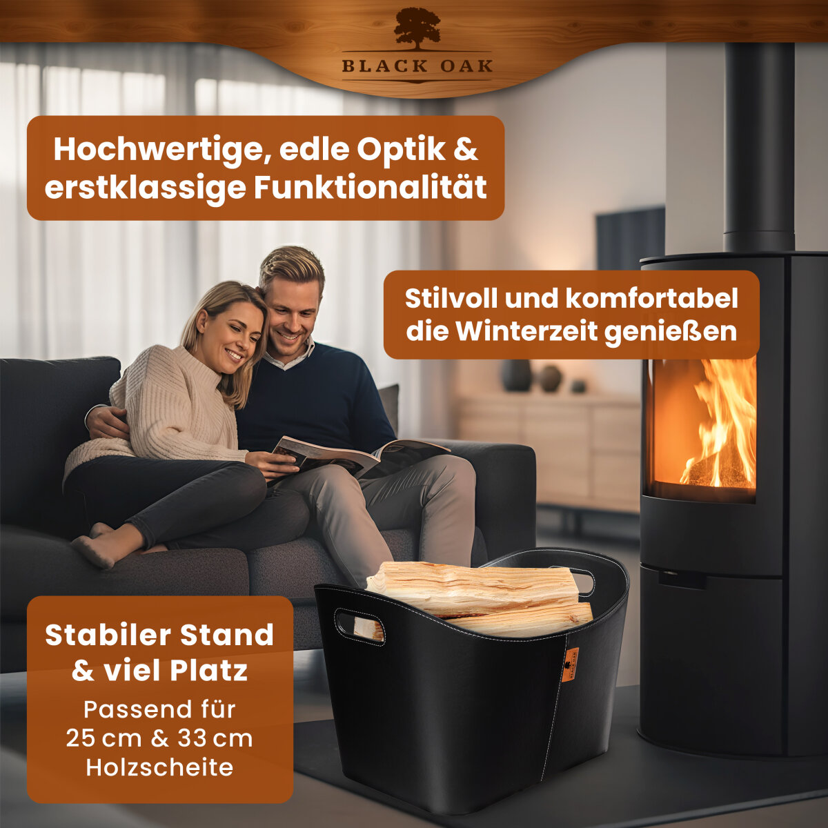 BLACK OAK DAKOTA XL 80L Holzkorb Kunstleder schwarz + Handschuhe grau