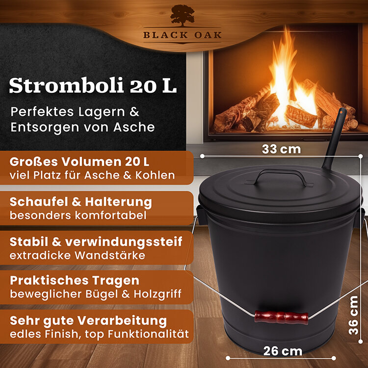 BLACK OAK Stromboli Ascheeimer 20 Liter mit Deckel und Schaufel