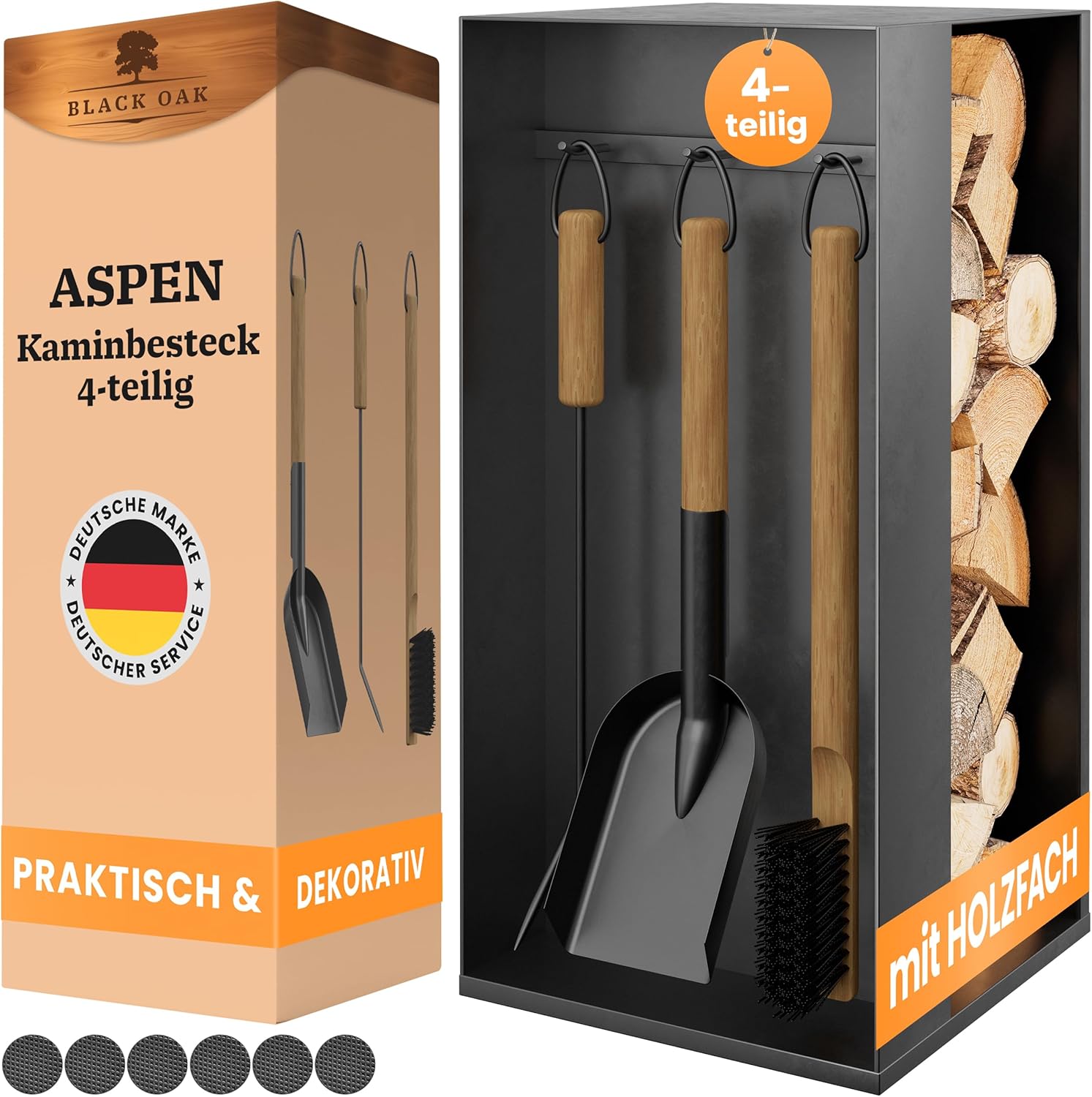 BLACK OAK Kaminbesteck Aspen 4-teilig schwarz mit Holzgriffen