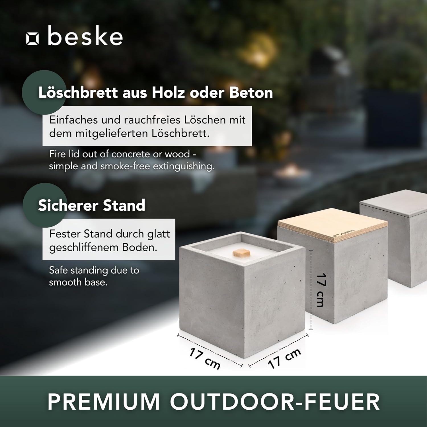 BESKE Betonfeuer Fuego Outdoor 17x17x17 inkl. Löschbrett - HANDARBEIT Made in Germany von Beske-Manufaktur
