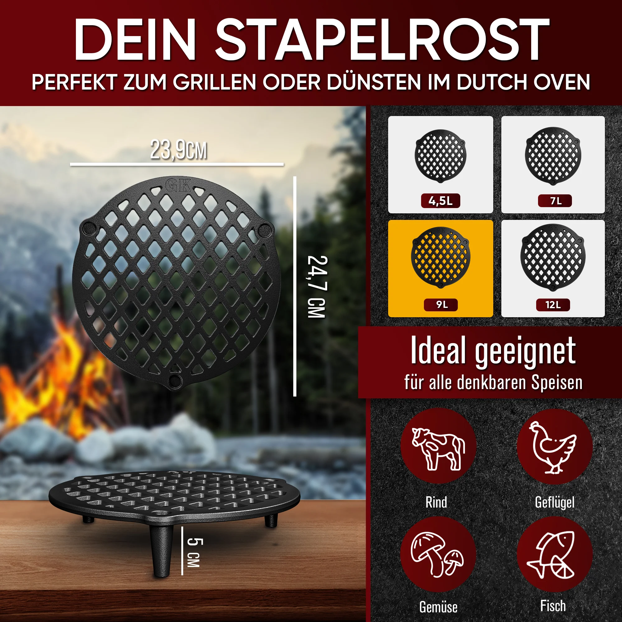 GUSSKÖNIG Gusseisen Stapelrost für Dutch Oven 9 Liter Ø 24cm von GUSSKÖNIG
