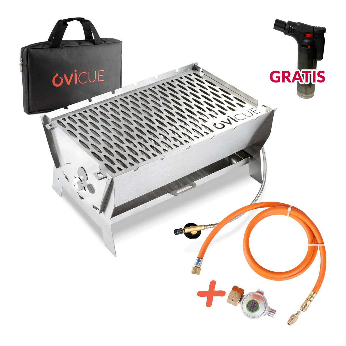 Ovicue L Kompaktgrill 3,5 kW Leistung & 1,3 m Adapter-Set für 5 kg oder 11 kg Gasflasche - flexibles Grillvergnügen mit Standardgas von Ovibell