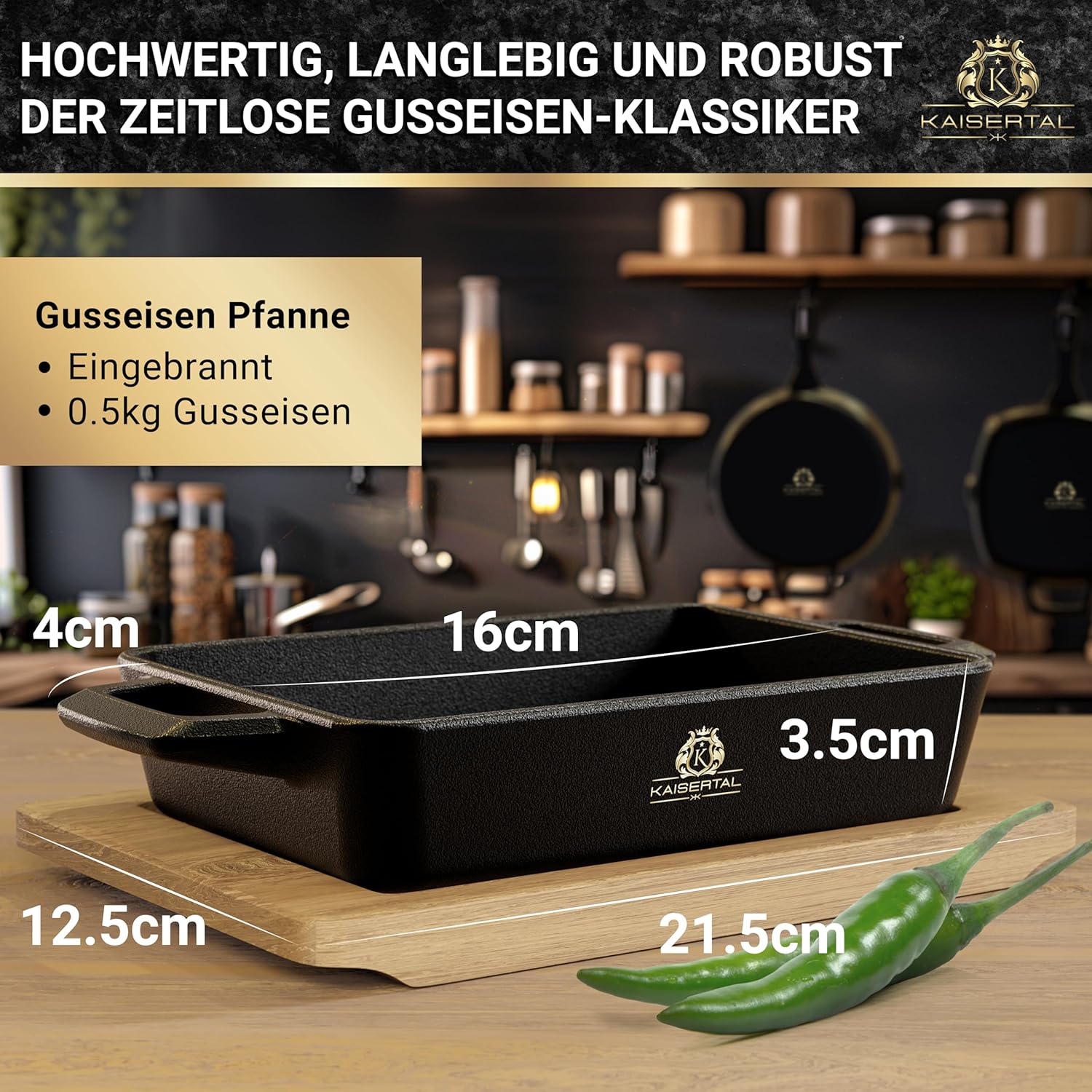 KAISERTAL Servierpfanne Gusseisen Quadratisch 16x11 cm - Pfanne mit 2 Griffen & Holzuntersetzer von KAISERTAL