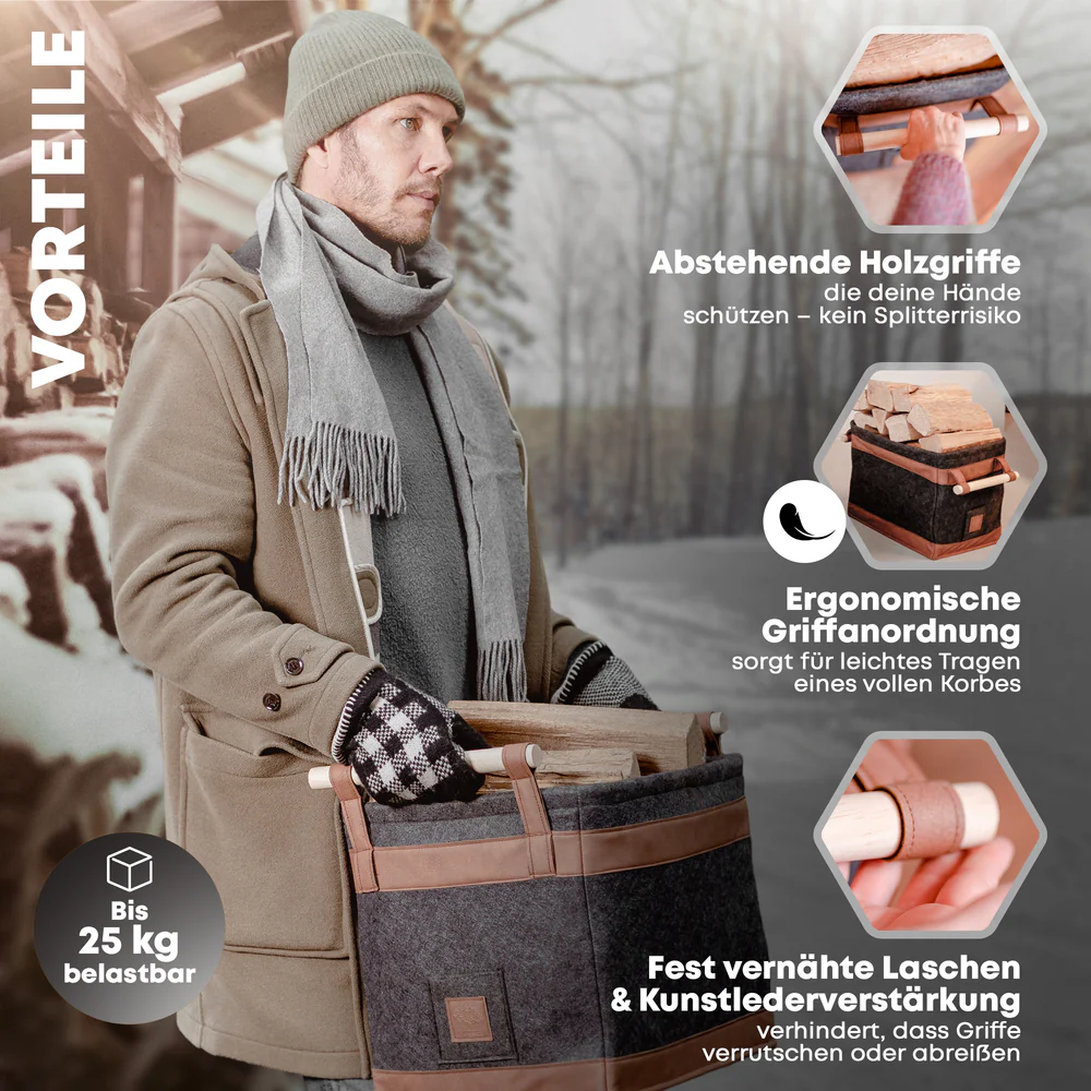 OAKAGE FireMaster Holzkorb Dunkelgrau Filz / Veganes Leder - 42x32x35cm von OAKAGE OAKAGE FireMaster Holzkorb Dunkelgrau Filz / Veganes Leder - 42x32x35cm von OAKAGE