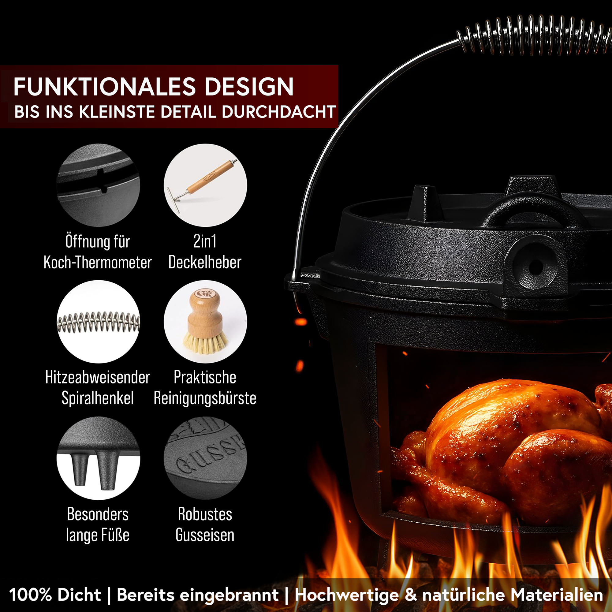 GUSSKÖNIG 9 Liter Dutch Oven Set mit Füßen mit 2in1 Deckelheber von GUSSKÖNIG